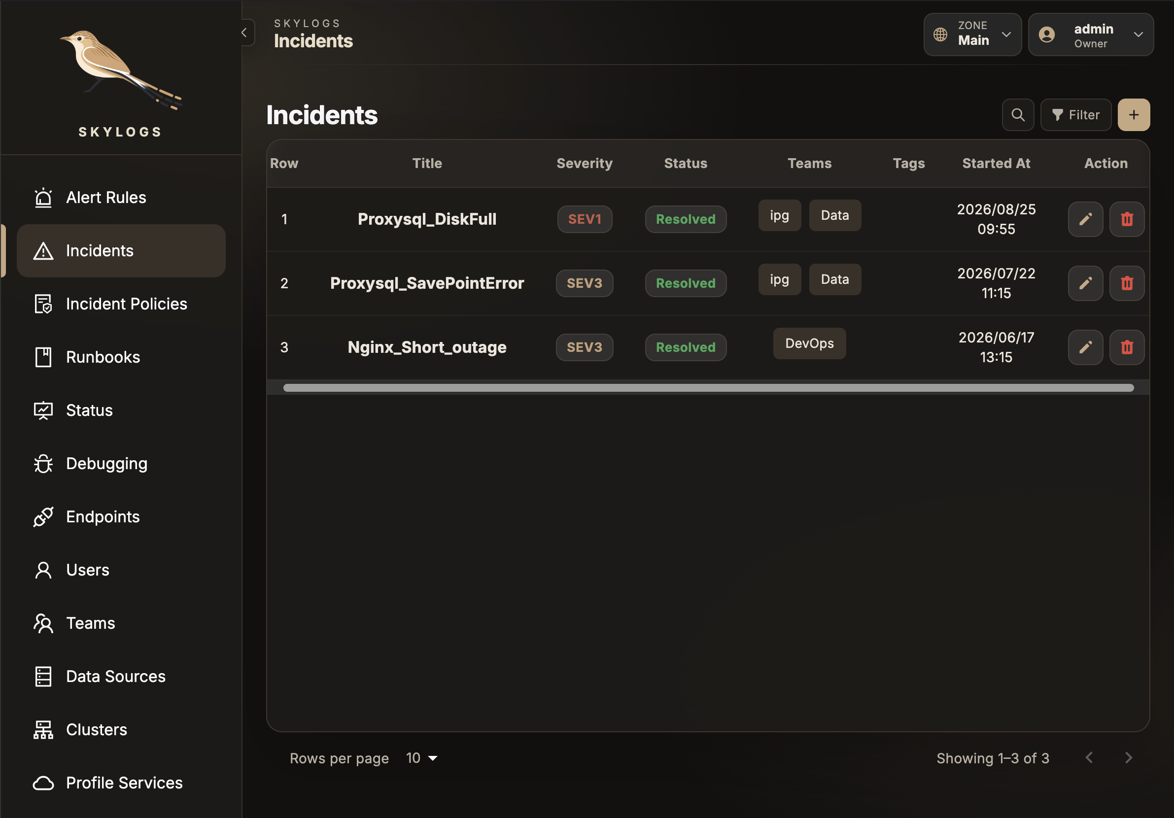 SkyLogs incidents dashboard showing an active incidents list